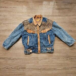 Vintage Denim and Leather Leopard-Accent Jacket - Blue & Brown